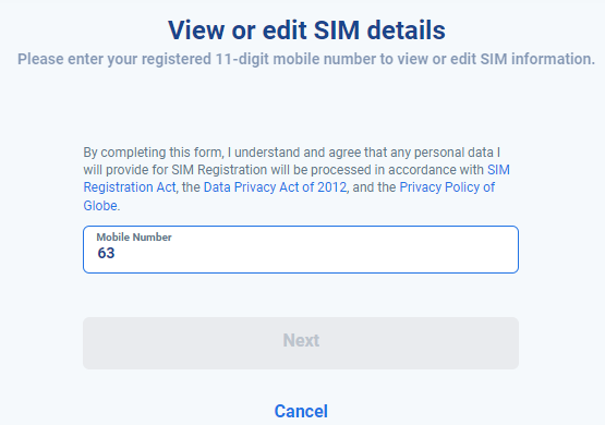 Globe Sim Registration Edit Page