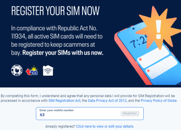 Globe Sim Registration Page